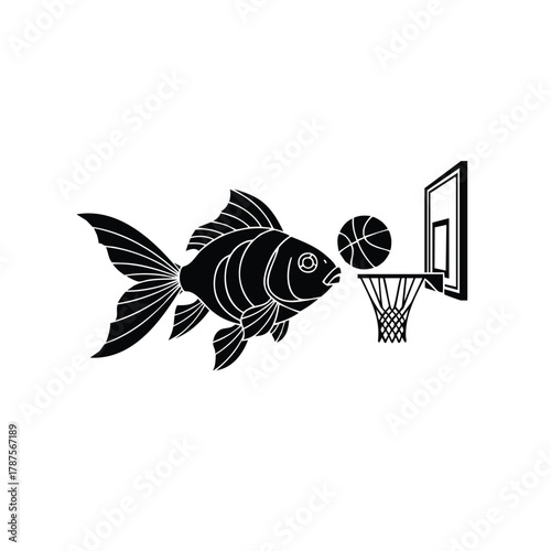 Goldfish playing basketball silhouette aquatic pet dunking ball in hoop exactly 100 letters