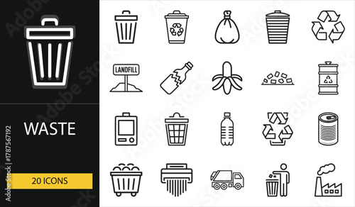 Waste icon set with garbage bins, recycling, and pollution symbols. Perfect for environmental, recycling, and cleanup projects