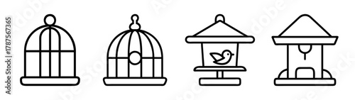 Bird cages and feeders line art icons set, pet and nature care symbols.