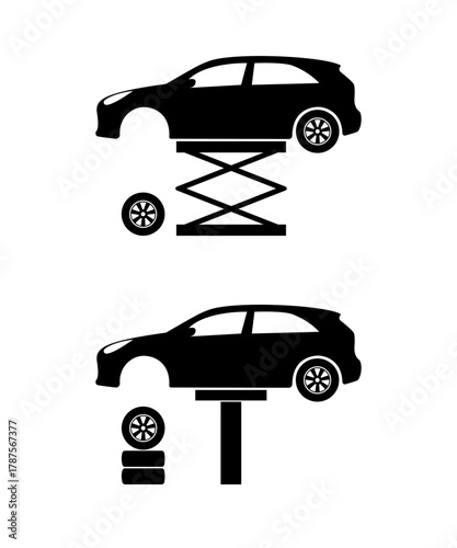 Car tire change using hydraulic car jacks, icon illustration.