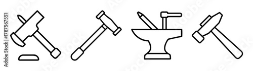 Collection of line art hammers, gavel, and blacksmith anvil icons