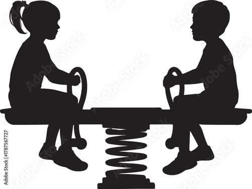 Silhouettes of two children playing on a spring loaded seesaw at a playground on a white background