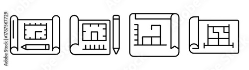Architectural blueprint and construction plan outline icons set