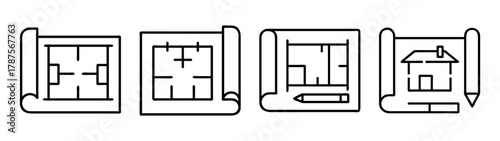 Architectural blueprints and house plan line vector icons set