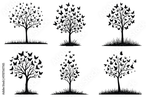 Six black silhouette trees with butterflies and grass