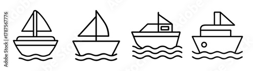 Various boat and ship line icons on water, marine transport set