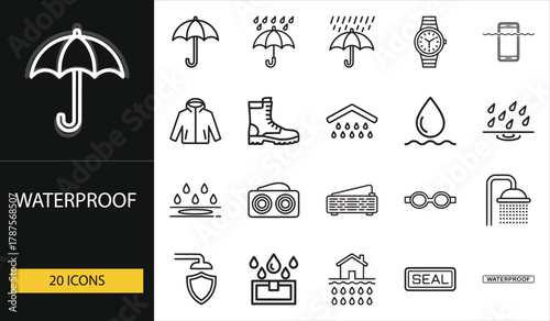 Waterproof icon set with umbrella, jacket, and device symbols. Ideal for clothing, electronics, and product protection visuals