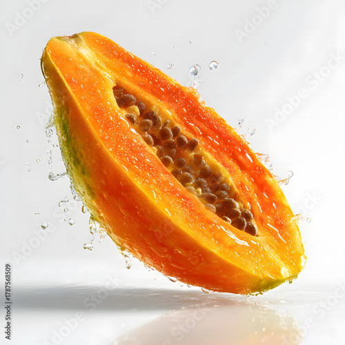 Exotic Papaya: a cross-section of ripe papaya fruit, its juicy flesh glistening with water droplets, showcasing its unique texture and vibrant colors.