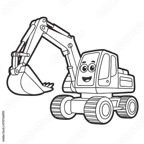 Smiling Cartoon Excavator for Kids Black and White Coloring Page