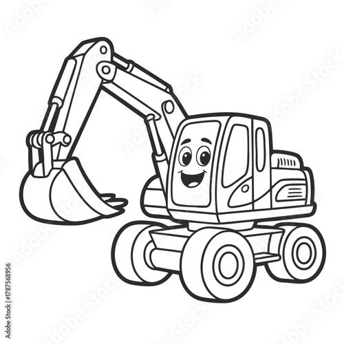 Smiling Cartoon Excavator for Kids Black and White Coloring Page