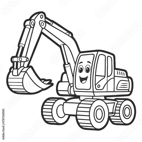 Smiling Cartoon Excavator for Kids Black and White Coloring Page
