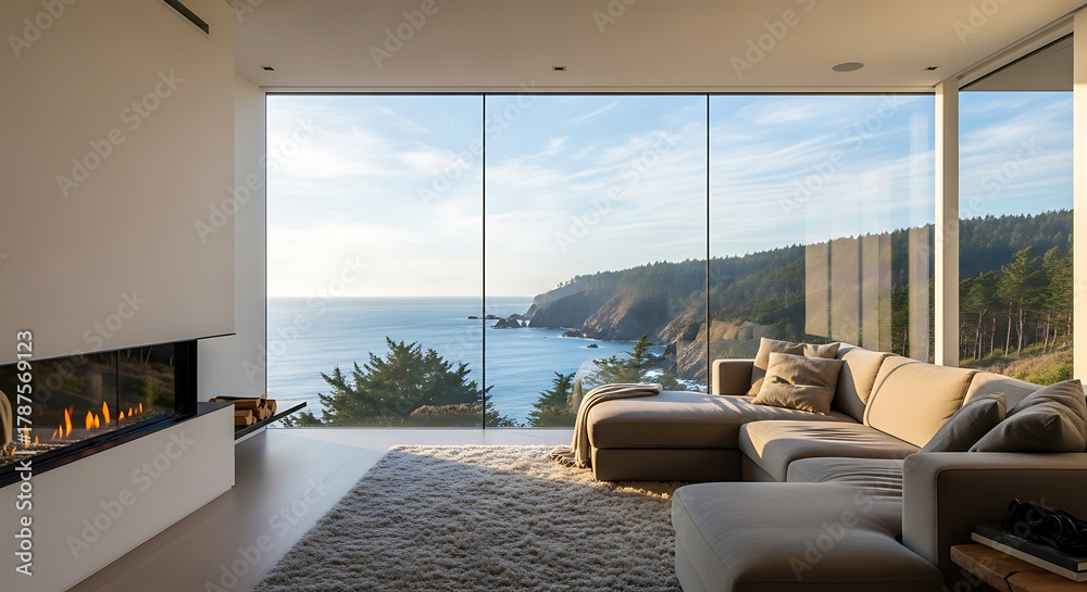 Naklejka premium Luxury modern home interior with vast ocean view through expansive glass windows, featuring a cozy fireplace and stylish sectional sofa.