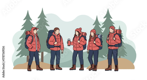 Flat faceless illustration of people on a mountain holiday trip