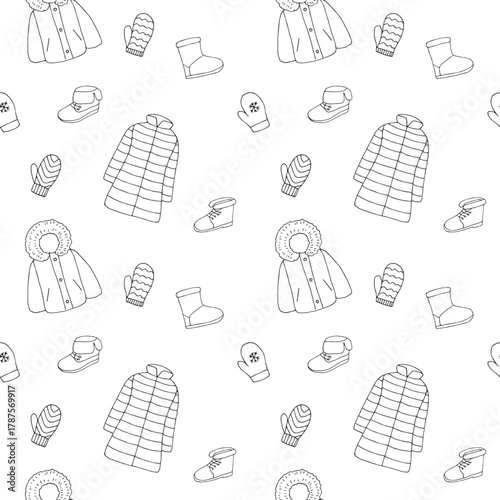 Winter clothes and shoes seamless pattern, hand drawn, vector illustration