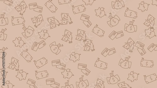Doodle Finance Money icons scattered include piggy banks, wallets, and dollar bills. Ideal for financial, banking, saving, and investment concepts.