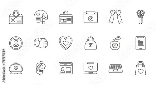 Collection of icons with hearts and various objects