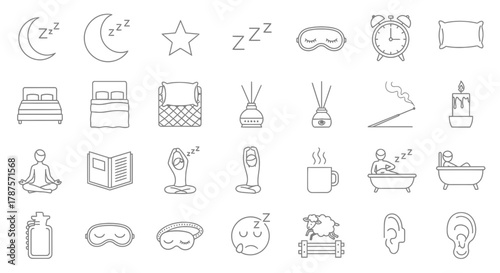 Discover tranquility with these calming icons for sleep, relaxation, and peaceful rest, perfect for wellness and self-care themes