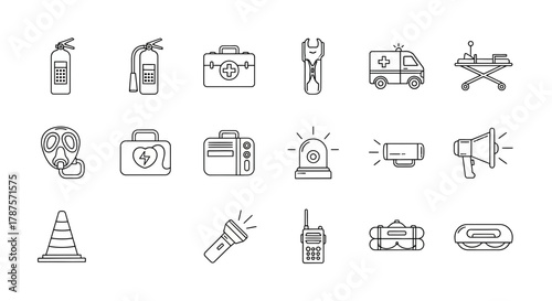Comprehensive emergency and safety icon set featuring fire extinguisher, first aid, ambulance, and rescue equipment for critical incident preparedness