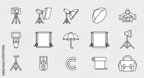 Professional photography studio equipment icons capturing creative tools for stunning visual storytelling and impactful imagery