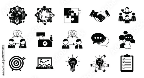 Dynamic business icons showcasing teamwork collaboration strategy and successful communication for modern corporate presentations and digital content