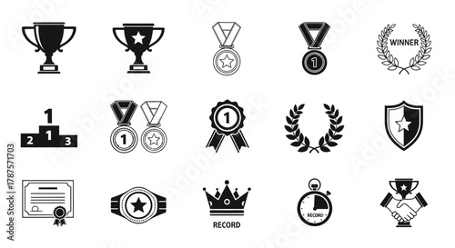 Celebrate achievement with diverse victory symbols including trophies, medals, laurel wreaths, podiums, and champion belts for any winning occasion