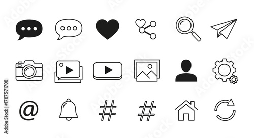 Modern icon set for social media communication engagement communication discovery content creation and user interaction