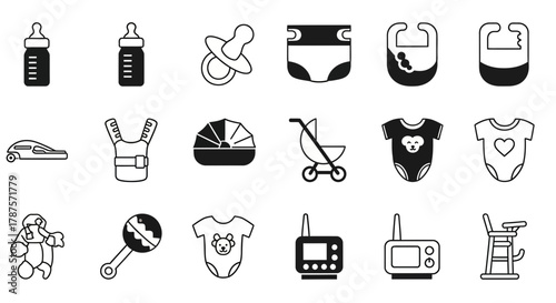 Essential baby care icons and symbols for parenting needs and nursery essentials collection