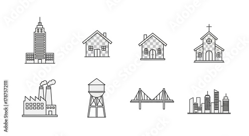 Modern city icons showcase diverse structures including skyscrapers factories bridges houses and churches for architectural design concepts