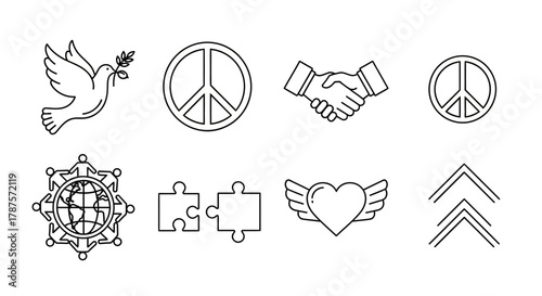 Symbolic icons representing peace, unity, connection, and love creating a powerful visual narrative for global harmony and understanding