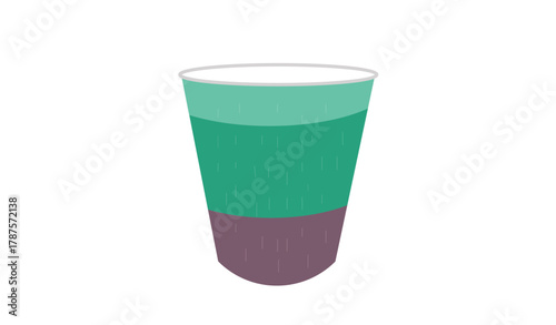 Colorful beverage cups: six isolated, disposable containers with coffee, tea, and milk on a white background
