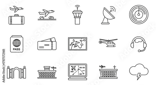 Captivating airport and aviation icons for travel, transport, and logistics projects, offering modern design for global connectivity and journey planning.