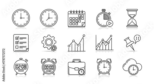 Organize your day with these modern icons for time management planning scheduling and productivity success