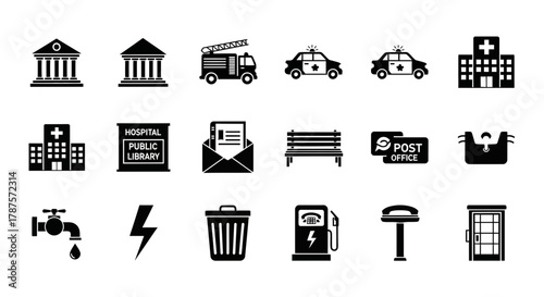 Essential public service and utility icons for modern design projects and informational graphics, creating clear visual communication.