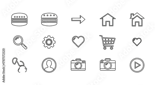 Modern icon set for web design and app development featuring essential symbols like food, home, search, and media for dynamic digital experiences.