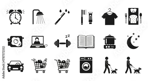 Daily life icons representing morning routines, work, leisure, errands, and nighttime relaxation in a clean, modern style perfect for apps and websites.
