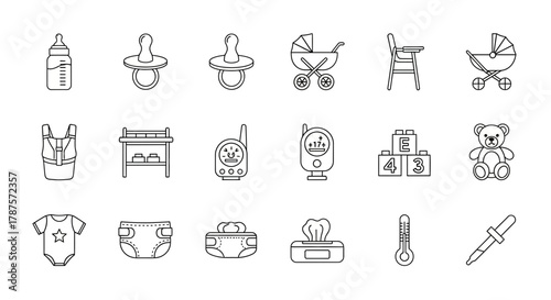 Essential baby care icons depicting feeding, comfort, safety, travel, hygiene, and play for modern parents