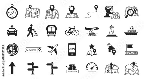 Explore the world with dynamic navigation icons showcasing travel, direction, and location discovery for your next adventure.