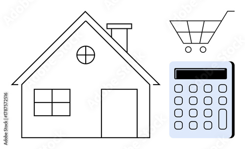 House outline paired with a calculator and shopping cart illustration. Ideal for budgeting, real estate, home finance, mortgage, economic planning, savings, and investment concepts. Simple flat