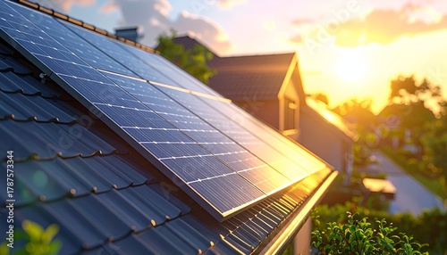 Solar panels installed on rooftops during sunset, showcasing renewable energy in a serene neighborhood