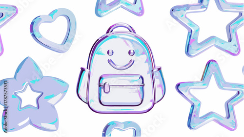 Iridescent backpack with a smiley face surrounded by star and heart shaped objects on white background silhouette