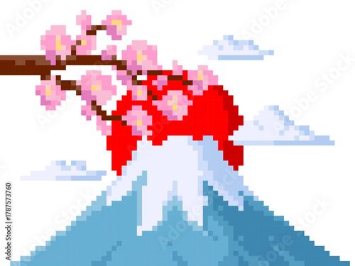 Pixel art of Mount Fuji, cherry blossoms. Branch of sakura blossom on background of snowy mount. Pixelated spring Japan landscape