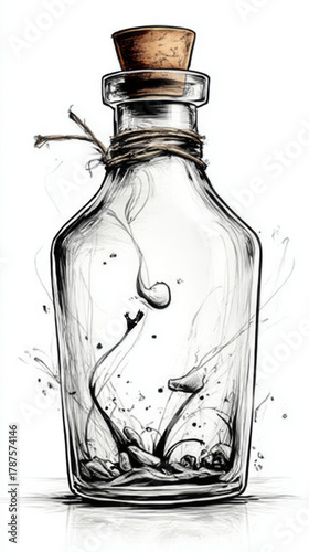 Empty glass bottle with cork and rope, rustic and suggestive, representing a message and memories, with abstract elements.
