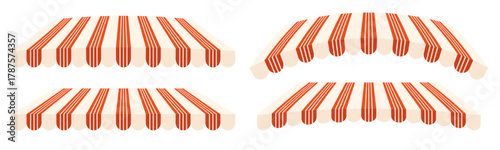 Set of hand drawn isolated striped red kiosk awnings of various shapes. Summer element for ice cream menu template or retro style banner. Flat vector EPS10