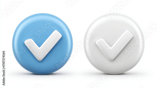 Two 3D checkmark buttons, glossy and official, representing completion and verification, on a white background.