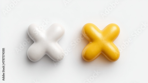 Two 3D cross marks, soft and distinct, representing denial or error, in white and yellow on a white background.