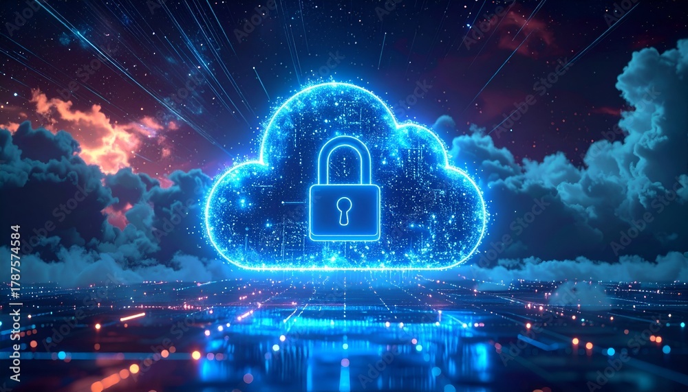 Fototapeta premium Futuristic digital cloud with a lock symbol representing secure data storage in a vibrant cosmic landscape