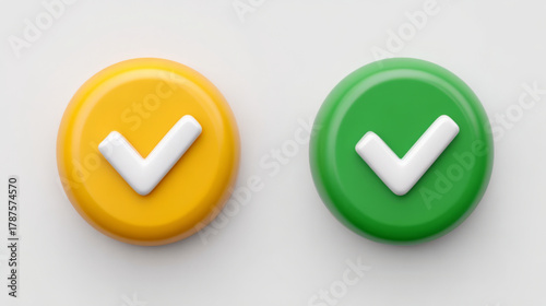 Two 3D checkmark buttons, glossy and decisive, representing approval and correctness, on a light background.