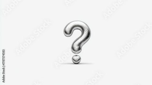 3D question mark with metallic texture, mysterious and reflective, representing inquiry and uncertainty, on a white background.