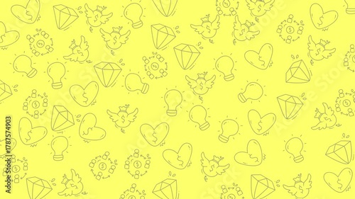 Repeating doodles of diamonds, hearts, lightbulbs, and bird characters. Suitable for backgrounds, decorations, and creative design projects.