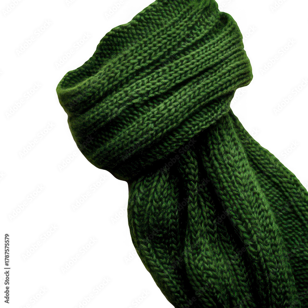 Fototapeta premium Cozy green knitted scarf, perfect for winter fashion. Soft texture adds warmth and style to any outfit.
